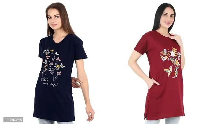 Buy CRAFTLY Regular Loose Fit Cotton Round Neck Printed Half Sleeve  T-Shirt, Night Sleep, Yoga, Lounge and Daily Use Gym Wear Long Tops and  Tees for Women Ladies and Girls Combo (Pack