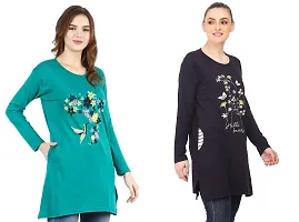 CRAFTLY Ladies and Women Round Neck Polo Full Sleeve Combo Tshirt (RAMA Green+Dark Navy)-thumb3