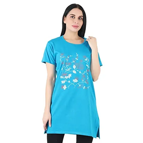 CRAFTLY Regular Loose Fit Round Neck Half Sleeve T-Shirt, Night Sleep, Yoga, Lounge and Daily Use Gym Wear Long Tops and Tees for Women Ladies and Girls (FIROZI, Free Size)