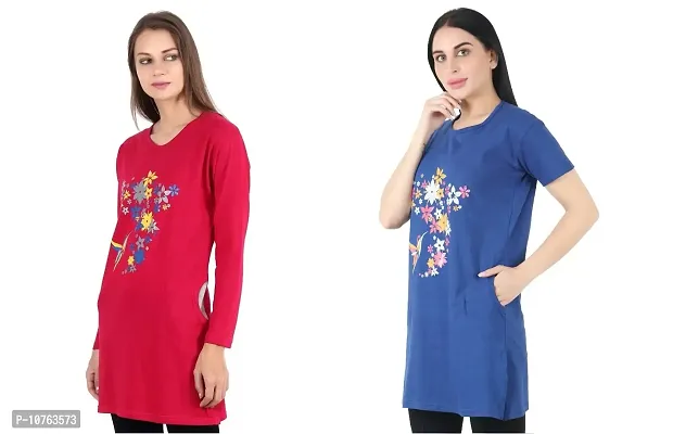 CRAFTLY Women Round Neck Polo Tshirt Full and Half Sleeve Two Combo (Pink+Royal Blue)-thumb2