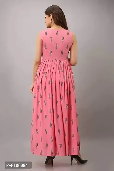 Women Pink Kurti Long Dress Printed Gown Anarkali Kurti Sleevless Kurti for Women  Girls (Pink_M)-thumb4