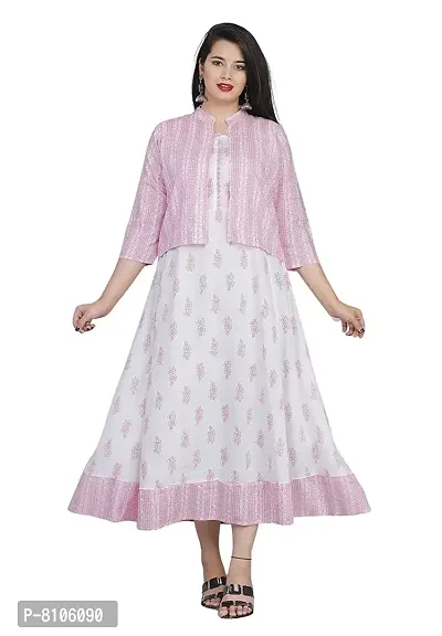 SBF Beautiful Rayon Printed Anarkali Kurti and Jacket (XXL, Pink)-thumb0