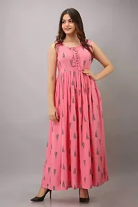 Women Pink Kurti Long Dress Printed Gown Anarkali Kurti Sleevless Kurti for Women  Girls (Pink_M)-thumb2