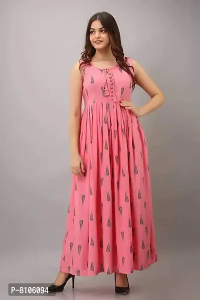 Women Pink Kurti Long Dress Printed Gown Anarkali Kurti Sleevless Kurti for Women  Girls (Pink_M)-thumb3