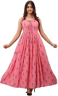 Women Pink Kurti Long Dress Printed Gown Anarkali Kurti Sleevless Kurti for Women  Girls (Pink_M)-thumb1