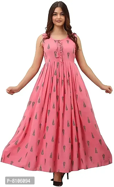 Women Pink Kurti Long Dress Printed Gown Anarkali Kurti Sleevless Kurti for Women  Girls (Pink_M)-thumb2