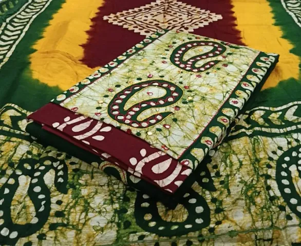 Stylish Cotton Batik Patch Worked Dress Material With Dupatta