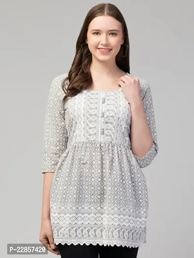 Elegant Grey Cotton Embroidered Top For Women