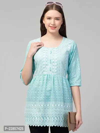 Elegant Blue Cotton Embroidered Top For Women-thumb0