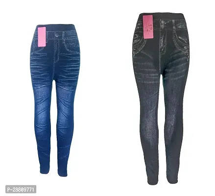 Stylish Multicoloured Denim Nylon Blend Solid Jeggings For Women Pack Of 2