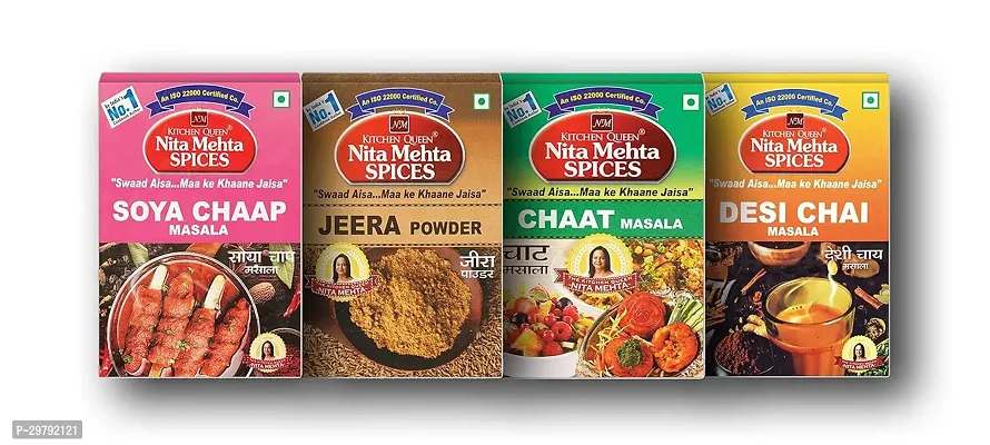 Kitchen Queen Nita Mehta Combination of Soya Chaap Masala 100g  Jeera Powder 100g  Chaat Masala 100g  Desi Chai Masala 25g  Perfect Combo (soya, Jeera, Chaat and Desi Chai Masala, 325g  Pack 4)-thumb0