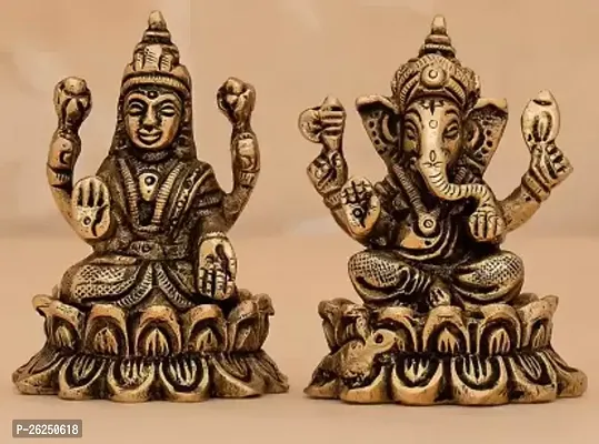Brass Handcrafted Ganesh And Lakshmi Idol Set Decorative Showpiece - 7 Cm Brass, Gold-thumb0