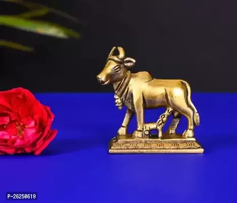 Brass Kamdhenu Cow With Calf Idol Decorative Showpiece - 6 Cm Brass, Yellow