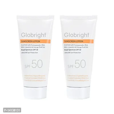 Essential Globright Sunscreen Lotion Spf 50 50 Ml Pack Of 2-With Pomegranate, Aloe Vera, Mint, Liquorice, Orange, Spf 50, Paraben Free - Mineral Oil Free- Paba Free -Uva  Uvb Protection-50 Ml Pack Of 2