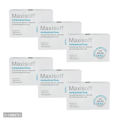 Maxisoft Antibacterial Sanitizing Soap (75 gm - Pack Of 6)|With Aloe Vera, Silicon Oil And Chlorhexidine Gluconate |Paraben Free | Sulphate Free|100 % Vegeterian|For all Skin Types|(75 gm - Pack Of 6)