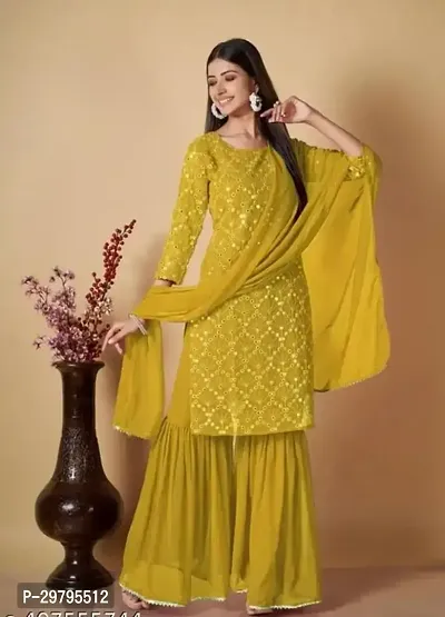 Stylish Yellow Embroidered Georgette Kurta Palazzo Set With Dupatta-thumb0