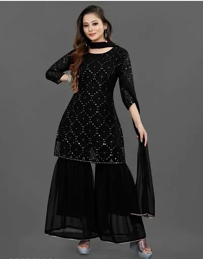 Reliable Georgette Sequence Kurta with Sharara And Dupatta Set For Women