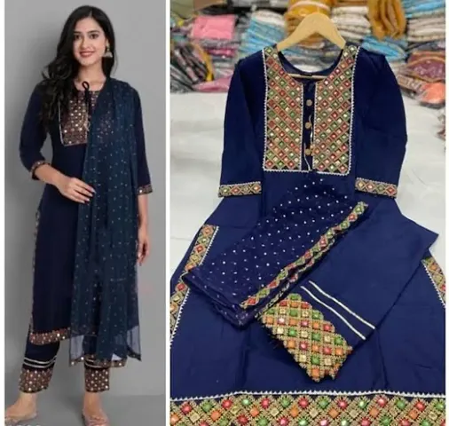 Classic Rayon Embroidered Kurta, Bottom and Dupatta Set for Women