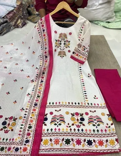 Stylish Kora Muslin Embroidered Kurta, Bottom and Dupatta Set