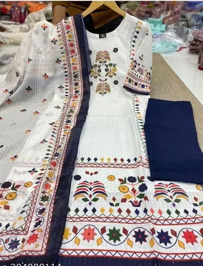 Beautiful Muslin Handwork in neck Sequence Work Kurta Bottom with Dupatta Set