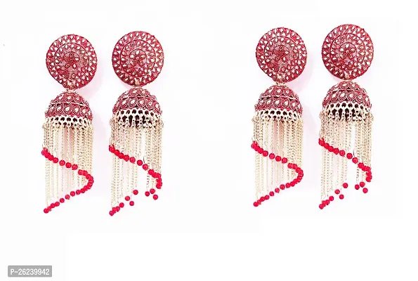 Pink Brass Beads Jhumkas Earrings For Women Pack of 2