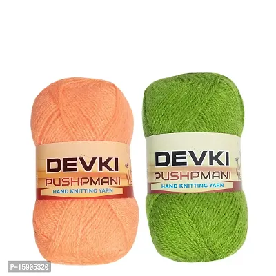 DEVKI PUSHPMANI Hand Knitting Yarn, Crochet Yarn/Wool for Sweater, Socks, CAPS ETC. Pack of 2 Balls ( Peach + Leaf Green ). Each BALL-100 gm . SHADE-DP50.52.200-thumb0