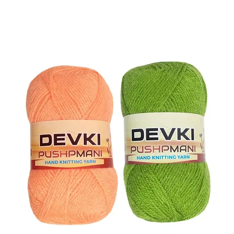 DEVKI PUSHPMANI Hand Knitting Yarn, Crochet Yarn/Wool for Sweater, Socks, CAPS ETC. Pack of 2 Balls ( Peach + Leaf Green ). Each BALL-100 gm . SHADE-DP50.52.200