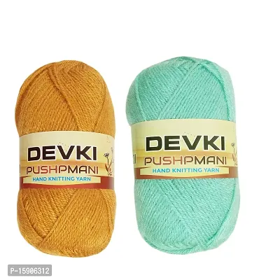 DEVKI PUSHPMANI Hand Knitting Yarn, Crochet Yarn/Wool for Sweater, Socks, CAPS ETC. Pack of 2 Balls ( Golden + SEA Green ). Each BALL-100 gm . SHADE-DP55.69.200