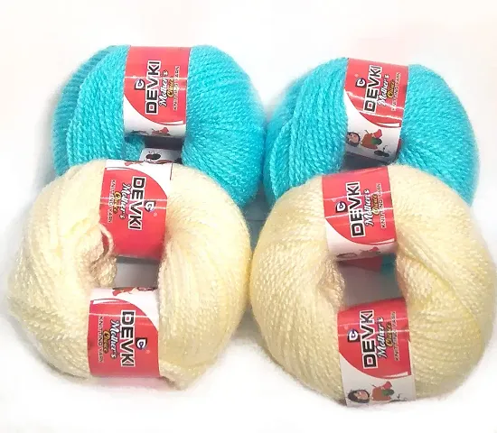 DEVKI Mother's Choice Baby Soft Hand Knitting Yarn Pack of 4 Balls ( 2 Cream + 2 Green ) .Each BALL-50 gm . Shade-DMC1.33.200