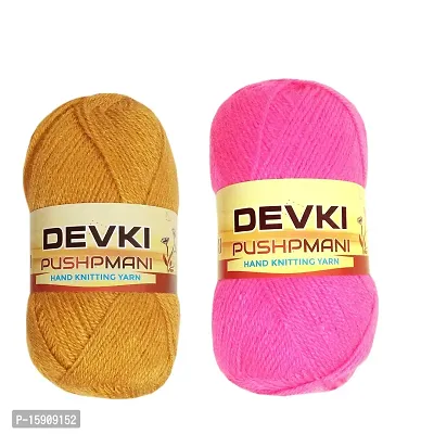 DEVKI PUSHPMANI Hand Knitting Yarn, Crochet Yarn/Wool for Sweater, Socks, CAPS ETC. Pack of 2 Balls ( Golden + Pink ). Each BALL-100 gm . SHADE-DP55.60.200-thumb0