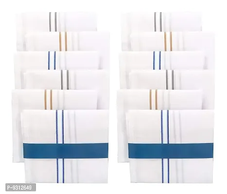 S4S Men's 100% Cotton Essential Handkerchiefs (White Striped_42CM X 42CM_Pack of 12)
