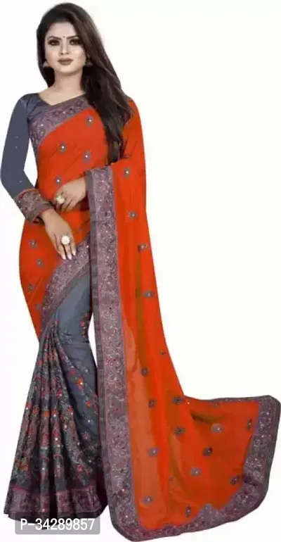 Stylish Orange Silk Blend Embroidered Saree with Blouse piece For Women-thumb0