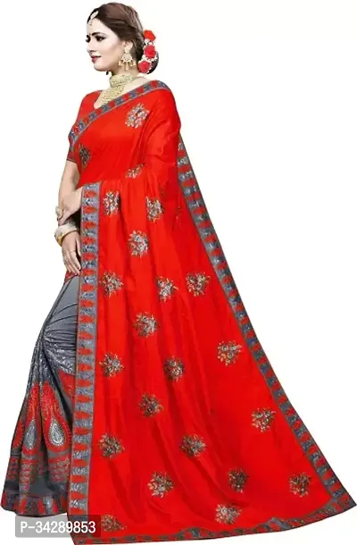 Stylish Red Silk Blend Embroidered Saree with Blouse piece For Women-thumb0