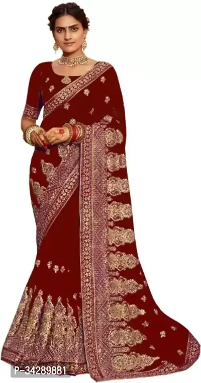 Stylish Maroon Silk Blend Embroidered Saree with Blouse piece For Women-thumb0