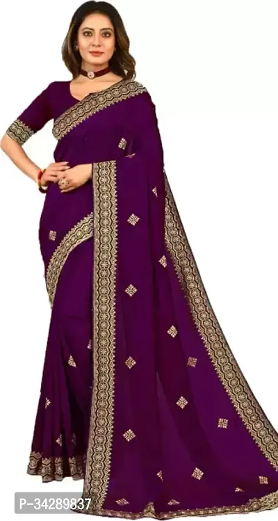 Stylish Purple Silk Blend Embroidered Saree with Blouse piece For Women