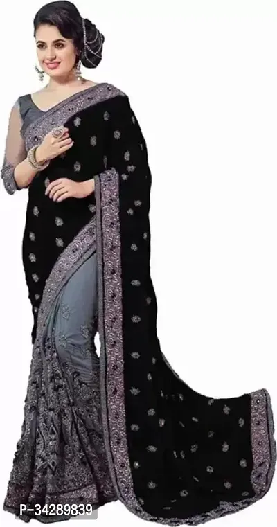 Stylish Black Silk Blend Embroidered Saree with Blouse piece For Women-thumb0