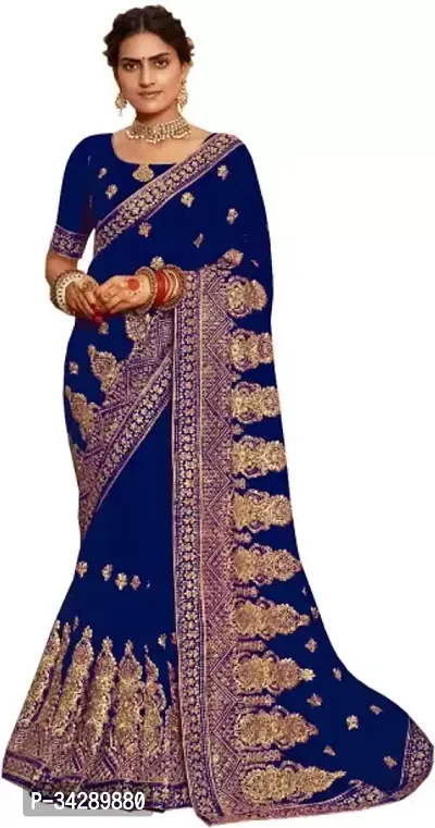 Stylish Blue Silk Blend Embroidered Saree with Blouse piece For Women-thumb0