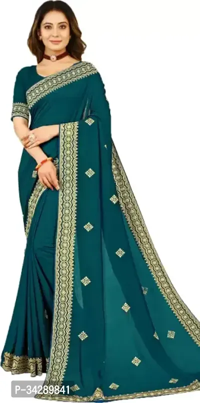 Stylish Sea Green Silk Blend Embroidered Saree with Blouse piece For Women