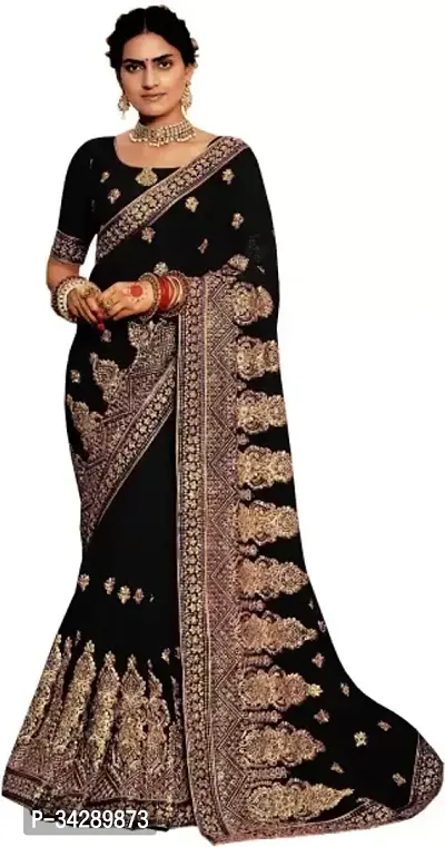 Stylish Black Silk Blend Embroidered Saree with Blouse piece For Women