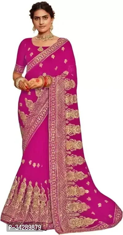 Stylish Pink Silk Blend Embroidered Saree with Blouse piece For Women-thumb0