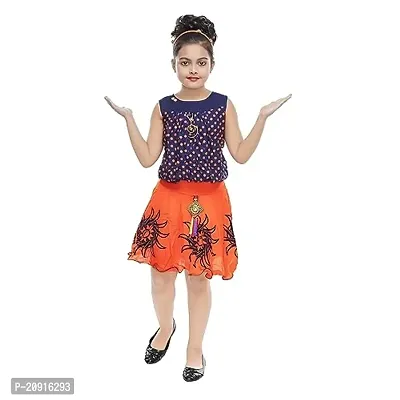 THE CROWN Cotton Rayon Bland Blue  Orange Top-Skirt for Girls