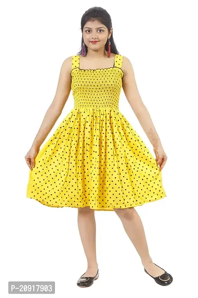THE CROWN Cotton Rayon Yellow Gazing Bobby Printed Frock for Pretty Girls