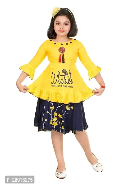 THE CROWN Cotton Rayon Bland Printed Yellow Top-Skirt for Girls