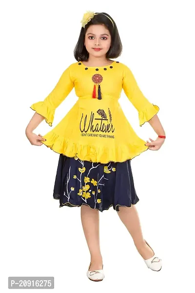 THE CROWN Cotton Rayon Bland Printed Yellow Top-Skirt for Girls-thumb0