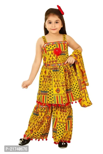 Fashionista Premium Quality Mixed Cotton Blend Yellow Palazzo pants and Sleeveless Top With Dupatta for Girls-thumb0