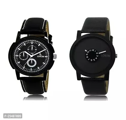 Stylish Black Genuine Leather Analog Watch For Men Pack Of 2-thumb0