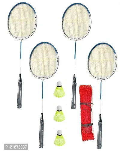 Monika Sports 4 PC Single Shaft Racket and Badminton net with 3 PC Shuttle ( Badminton kit )
