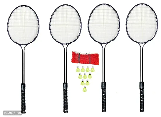 Monika Sports Badminton Combo (4 PC Double Shaft Racket+Badminton net+10pc Shuttle )-thumb0