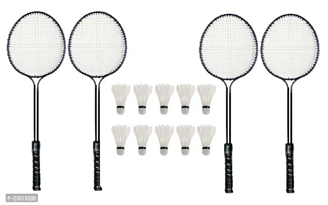 Monika Sports 4 PC Double Shaft Racket With 10 PC Feather shuttle