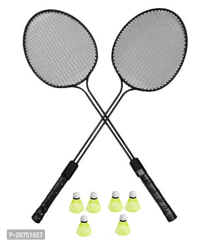 Monika Sports Heavy dutyDouble Shaft Badminton Racket Set of 2 Piece with 3 Piece Nylon Shuttles. Black-thumb0